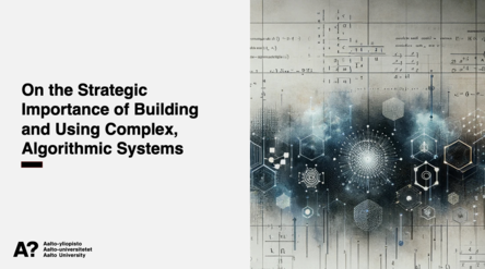 Teksti "On the Strategic Importance of Building and Using Complex, Algorithmic Systems", jonka vieressä siniharmaa abstrakti tek